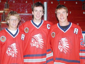 Jordan Currie, centre, is the Stratford Cullitons' captain for 2013-14, with assistants Trevor Sauder, left, and Jeff McArdle, right.
