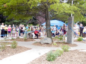 Goderich Public School officially unveiled its Peace Garden on Wed., Sept. 11 drawing a considerable crowd to the school. The garden features four benches that commemorate public schools that have closed in the area including Victoria Public School, Robertson Memorial Public School, Colborne Central Public School and Holmesville Public School.  (Dave Flaherty/Goderich Signal-Star)