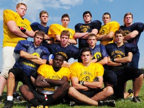 The St. Joseph's Rams have a dozen fifth-year players to lead them into the new TVRA London District football league. Taking them into their season opener next Wednesday at Catholic Central, from left, are: front - Esaie Mboko, Zach Moniz; middle - John Robbins, Derek Webb, Jordan Clow, Marc Buttazzoni; back - Nick O'Brien, Aaron Kuntz, Gage Bennett, Harlan Nephin, Jeremiah Krahn, Kevin Webb. R. MARK BUTTERWICK / St. Thomas Times-Journal / QMI AGENCY