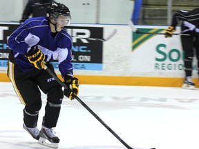 Sarnia Sting rookie Vladislav Kodola practices Thursday with the team. The Sting are entering their last weekend of exhibitions games, and coaches say it's the play of young forwards that's making setting the roster so hard. SHAUN BISSON / THE OBSERVER / QMI AGENCY