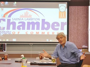 Marc Garneau responds to concerns of local industrial reprentatives at a meeting at the Sarnia-Lambton Chamber of Commerce last week. The former astronaut - now Member of Parliament for the riding of Westmount -- Ville0Marie in Quebec - also agreed to deliver a petition for improved rail service in the area, signed by over 3,000 people, back to parliament. HEATHER YOUNG/ SARNIA THIS WEEK/ QMI AGENCY