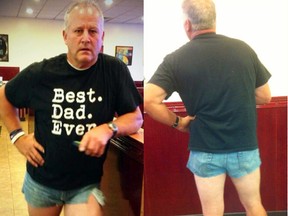 Scott Mackintosh poses with his cut off shorts in this undated handout photo. The Utah dad wanted to show his distaste for his teenage daughter's inappropriate clothing by going out for a family dinner in a pair of short shorts. (Handout/QMI Agency)