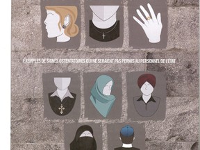 A government of Quebec handout explains what religious symbols would be permitted in public-sector workplaces, at top, and what would not be, below.