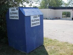 This donation bin, located outside the Beanstock store on London Road in Sarnia, is causing a headache for owner Movreen Collins. TARA JEFFREY/THE OBSERVER/QMI AGENCY