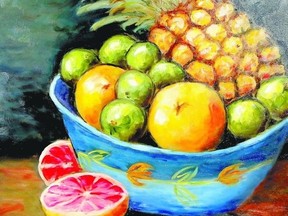 Blue Bowl With Fruits is a painting by Michele Healey, a member of the Tuesday Night Artists group, whose work is on show at the ARTS Project until Sept. 21.  (Richard Gilmore, Special to QMI Agency)
