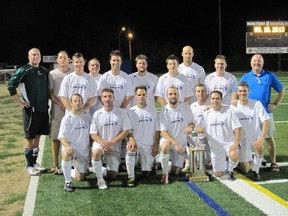 Paton Controls won the Sarnia Men's Industrial Soccer League over City Centre Car Wash Sept. 11. The game required penalty kicks to decide a winer. Pictured are (front row, from left) Nick Neinhuis, George Stoukas, Erin White, Steve Croft, Scott Devlin, Errol White, Julian Gomez, (back row) Jamie McCahill, Kerry Joyce, Jesse Schaeffer, Mark Godak, Mike Gardiner, Andrew Whitfield, Andrew Neinhuis, Justin Anjema, Jason Irwin, and team sponsor Kevin Wilson. (Submitted photo)