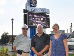 The municipality of West Perth installed a new digital sign in Mitchell on Sept. 3 near the intersection Highways 8 and 23, just across from Centennial Park. Standing next to the new digital sign are Ken Ahrens (left), project manager; Coun. Mike Tam, streetscape committee chair and municipal clerk Florence Stalenhoef. The sign is now operational and will be used to advertise upcoming events with not-for-profit organizations and possibly for commercial use as well.