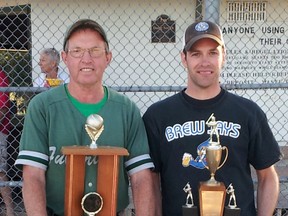 Ross McIntosh (left), of Fullarton, was named the most sportsmanlike player in the Oldtimers Slingshot league Sept. 8, while the Brew Jays’ Jordan Bowles was named the MVP.