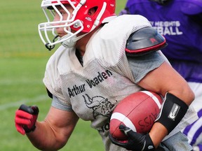 Arthur Voaden fullback Josh Vandenbor, in scrimmage action here Friday against Valley Heights, will play a big role for the Vikings this season in TVRA Varsity football. R. MARK BUTTERWICK / St. Thomas Times-Journal / QMI AGENCY