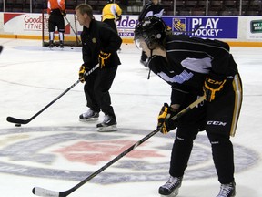 Sarnia Sting defenceman Josh Chapman looks to feed someone the puck during practice on Thursday Sept. 19. The Sting open the OHL season at home on Friday night against the Oshawa Generals with a 7:05pm puck drop. SHAUN BISSON/THE OBSERVER/QMI AGENCY