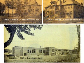The ‘old’ Tillsonburg High School, top left, as it was built in 1893. A wing was added to the west side of the building in 1908, and another on the east side in 1922. Other changes were made until the building, known as Tillsonburg District High School, was ‘retired’ in 1950 in favour of a newly built “ultra-modern” Tillsonburg District High School on Tillson Ave., shown below. The Tillson Ave. location later changed its name to Annandale High School, then Annandale School as a Grade 7-9 middle school, more recently Grade 7-8, and will soon to become JK-Grade 8. TILLSONBURG NEWS ARCHIVES
