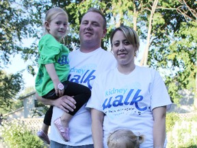 Steve Vandenheuvel and his wife Kristin will be speaking at the 10th annual Kidney Walk in Sarnia this Sunday. Vandenheuvel received a kidney donation from his wife after he was diagnosed with kidney disease in 2011. Also pictured are the pair's daughters Baya, four, and Harper, two. (TYLER KULA, The Observer)
