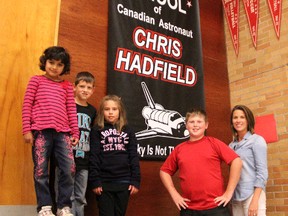 Students and faculty at King George VI School will welcome Chris Hadfield into their gymnasium Monday. Pictured are, from left, Firdauz Haffejee, Caiden Davison, Blayre Shaw, Logan Tomlinson, and Laura Carruthers. They are just some of the hundreds who will hear Hadfield share his stories and pictures from his journeys. (MELANIE ANDERSON, The Observer)