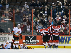 The Ottawa 67’s celebrate a goal late in the first period during their OHL hockey game against the Belleville Bulls at the Canadian Tire Centre in Ottawa on Friday, Sept. 20, 2013. 
Matthew Usherwood/Ottawa Sun/QMI Agency