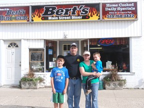 Jennifer Elliott purchased Bert's Main Sreet Diner in April in West Lorne and puts the emphasis on fresh, home cooking. Left are family members Dawson Elliott, Craig Elliott, Jennifer Elliott and Tyler Elliott.
PATRICK BRENNAN The Chronicle