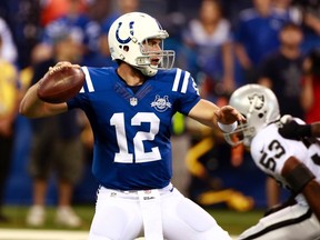 Indianapolis Colts quarterback Andrew Luck throws a pass against the Oakland Raiders during the first half of their NFL football game in Indianapolis, Indiana September 8, 2013.  (REUTERS)