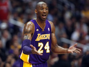 Los Angeles Lakers shooting guard Kobe Bryant (24) reacts to a referee's call in Los Angeles, California April 7, 2013. (REUTERS/Alex Gallardo)