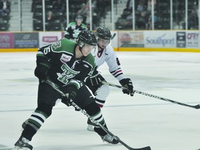 Shawn Bowles of the Portage Terriers stickhandles during the Terriers' home opener against Neepawa Sept. 22. (Kevin Hirschfield/THE GRAPHIC/QMI AGENCY)