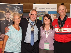 Kevin Schofield, right, is pictured with his wife Suzanne, his daughter, Christine, and David Drysdale, the mayor of Castlereagh, Ireland. Schofield won four gold medals in the bowling competition of the World Police and Fire Games held in Belfast from Aug. 1-10.  (Submitted photo)