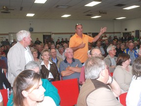 West Elgin resident Michael Parezanovic makes a point at a public meeting at the Elgin‌ International Centre on wind turbines Tuesday.