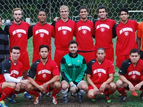 The St. Thomas Premier Division men's soccer team poses before their final game of the season - a 3-3 tie with Benfica. Back row from left: Moises Morales, Nolan Gilmour, Anthony Camacho Jr., Arjan Veldman, Mohammed Tarhuni, Ben Moniz, Cesar Granillo and coach Anthony Camacho.

Front row: Greg Westra, Jamie Silva, Andrew Medeiros, Robert Cornelius and Alonso Flores. Ben Forrest/QMI Agency/Times-Journal