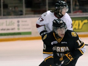 Sarnia Sting forward Nick Latta scored the third goal of the team's 3-1 win against Windsor on Thursday night. He's pictured here in a game against the Guelph Storm last March. QMI AGENCY