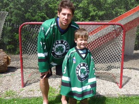 Logan Couture stands with Lucan minor hockey mite player Graeme Burghardt in the organization’s new uniforms. The new Irish sweaters came courtesy Couture’s charity efforts, as well as donations from the NHLPA and NHL.
Contributed Photo