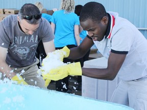 Lanre Olorunsola pitches ice into a container during one of the Race to Erase challenges at Purdy Fisheries Saturday. Olorunsola was part of a Lanxess team with Roger Graham, left, and Ryan Dugdale and Gabriel Agunsoye (not pictured), one of 32 teams in the eighth annual fundraising event for local charities. TYLER KULA/ THE OBSERVER/ QMI AGENCY
