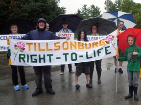 A determined crew participated in last Saturday’s Tillsonburg Right To Life Walkathon, persisting despite persistent rainfall. The group walked a 4.4-kilometre course. Contributed Photo