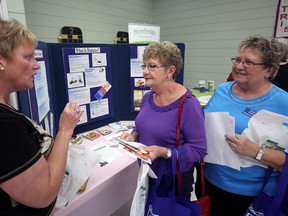 Karen Cook (left) makes a point regarding diet-based risk factors of diabetes to Donna Ludwig (centre) and Susan Charby Wednesday afternoon during the Tillsonburg Seniors Health and Wellness Fair inside the Tillsonburg Seniors Centre. Over 300 patrons attended an event made possible in part through a grant from the Ontario Senior Secretariat and the OACAO. Jeff Tribe/Tillsonburg News