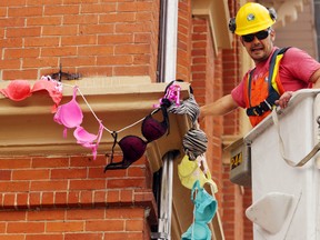 City worker Mike Butler hangs bras around the second-floor ledge of city hall in Belleville, Ont. Monday, Sept. 30, 2013. The Canadian Cancer Society collected more than 1,000 donated bras for Bras in the Breeze, an Oct. 1 event promoting the need for regular mammogram screening for breast cancer. Luke Hendry/The Intelligencer/QMI Agency
FOR PAGINATORS:
City worker Mike Butler hangs bras around the second-floor ledge of Belleville city hall Monday. The Canadian Cancer Society collected more than 1,000 donated bras for Bras in the Breeze, a Tuesday event promoting the need for regular mammogram screening for breast cancer. Watch The Intelligencer for the full story.