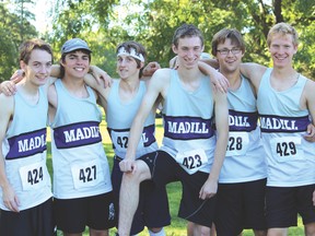 The Madill Senior boys enjoy a light moment as they get ready at the start line for their 7 km race: left to right: Robbie Gordon, Lucas Klages, Jesse Fortier, Jason Meier, Nick Barger, Scott Dolmage