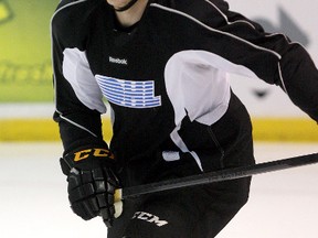 Kingston Frontenacs defenceman Michael Moffat takes part in a practice at the Rogers K-Rock Centre on Tuesday. It was his first practice since returning from professional hockey camps. (Ian MacAlpine/The Whig-Standard)