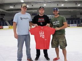 Brothers Marek and Adam Klimowicz and Nathan Moniz display some pieces of the Hockey Life clothing line. What began as a men’s hockey league has turned into threads, some of which support Itsy, a charity that helps families with babies in the Neonatal Intensive Care Unit at Victoria Hospital.
JACOB ROBINSON/LONDONER/QMI AGENCY