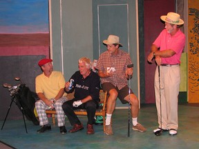 Belleville Theatre Guild players, from left to right,  Marvin Tucker, Jim Ross, Scott Roedvoets and Andy Palmer do a skit from the new Norm Foster hit play, "The Foursome," which opens in The Pinnacle Playhouse on Oct. 10. 
Jack Evans photo