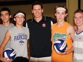 Former Canadian and international volleyball star Paul Duerden, middle, joined Parkside junior and senior players Wednesday for training. Among those joining him were Brandon Roe, left, Dawson Parker, Duncan Ferguson and Andrew Fenn. R. MARK BUTTERWICK / St. Thomas Times-Journal / QMI AGENCY