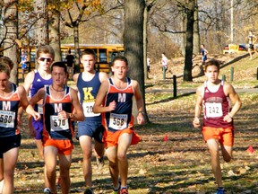 Connor Black, right, took 8th place in the University of Windsor's Thrill on the Hill cross country meet on October 1. He is pictured here during the SWOSSAA cross country championships last fall. SUBMITTED PHOTO.