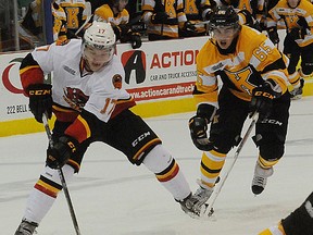 Belleville Bulls forward Luke Cairns on the attack during OHL action Wednesday night against the Kingston Frontenacs at Yardmen Arena. (Brice McVicar/The Intelligencer)