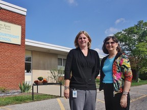 Mooretown-Courtright Public School's Principal, Laurie Stephenson, left, and Secretary Carol Baker prepare to welcome back three generations of alumni when the school celebrates its 50th birthday later this month. The school shares a birthday with Brigden Public School, which will also be having a celebration in November. HEATHER YOUNG/ SARNIA THIS WEEK/ QMI AGENCY