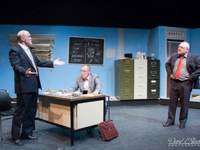Mike Bullett (left), Sean Roberts and Neil McCarney rehearse for the King's Town Players production of Glengarry Glen Ross.