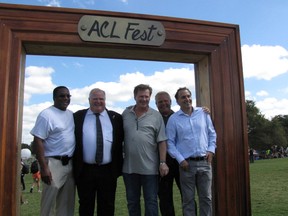 Councillor Michael Thompson, Mayor Rob Ford, Councillor Gary Crawford, Councillor Doug Ford and Councillor Josh Colle jump in a frame at the Austin City Limits Festival at Zilker Park in Austin, Texas on Oct. 4, 2013. DON PEAT/TORONTO SUN