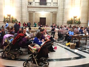 Mothers and babies were in the rotunda of the legislature Saturday as part of World Breastfeeding Week, which had similar gatherings in cities across Canada.