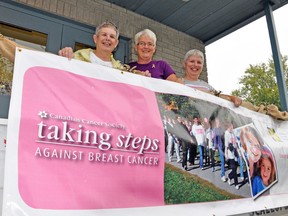 Dozens of area residents took part in the 10th annual Taking Steps Against Breast walk on Saturday, Oct. 5 in Mitchell. Family members and friends joined breast cancer survivors from left, Sheila Rolph and Sharon Seebach of Mitchell, and Marg Van Bakel from Dublin, for the event. KRISTINE JEAN/MITCHELL ADVOCATE