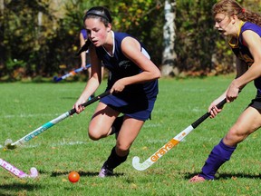 Parkside's Celia Lees goes on the attack Tuesday as the Stampeders beat the East Elgin Eagles 3-2 to secure a place in the TVRA field hockey Tier 1 playoffs. (R. MARK BUTTERWICK, St. Thomas Times-Journal)