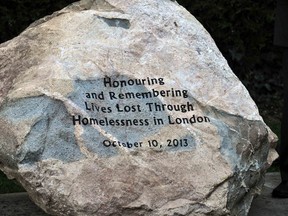 A new monument dedicated to the lives lost on London’s streets as a result of homelessness was unveiled in Campbell Memorial Park on Dundas Street October 10, 2013. CHRIS MONTANINI\LONDONER\QMI AGENCY
