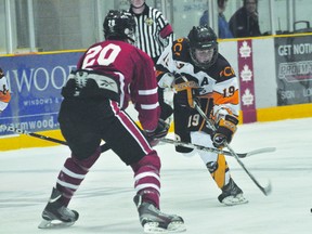 PCI Trojans forward Tanner Wylde takes a shot during the Trojans exhibition opener against the Morden Thunder Oct. 10
