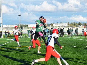 Colby Miller makes a circus catch on a crossing route during the Spruce Grove Panthers’ 52-27 win over the Rebels. - Thomas Miller, Reporter/Examiner