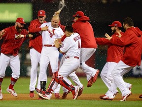 St. Louis Cardinals right fielder Carlos Beltran (3) celebrates with teammates after hitting the game-winning single in the 13th inning against the Los Angeles Dodgers in game one of the National League Championship Series baseball game at Busch Stadium. (Jeff Curry-USA TODAY Sports)