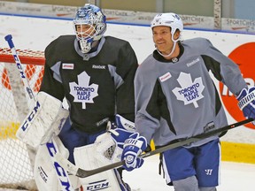 Leafs’ Jonathan Bernier and David Clarkson have some fun at the Mastercard Centre during practice this week. (CRAIG ROBERTSON/Toronto Sun)