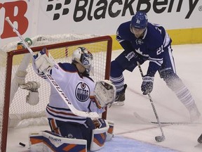 Leafs' James van Riemsdyk scores his second goal of game to tie it at 4-4 in third-period action against the Oilers at the Air Canada Centre on Saturday, Oct. 12. (JACK BOLAND/Toronto Sun)